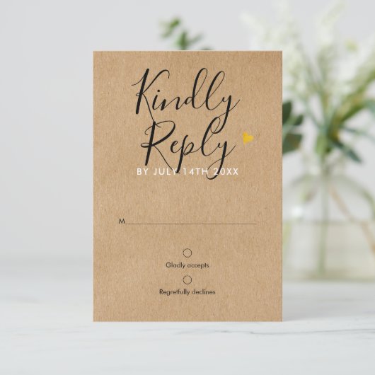 Rustic Kraft Gold Heart Chic Script Wedding RSVP (Stehend Vorderseite)