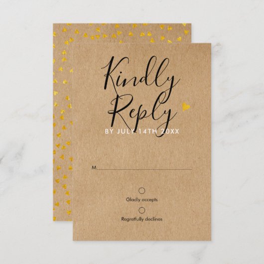 Rustic Kraft Gold Heart Chic Script Wedding RSVP (Vorne/Hinten)
