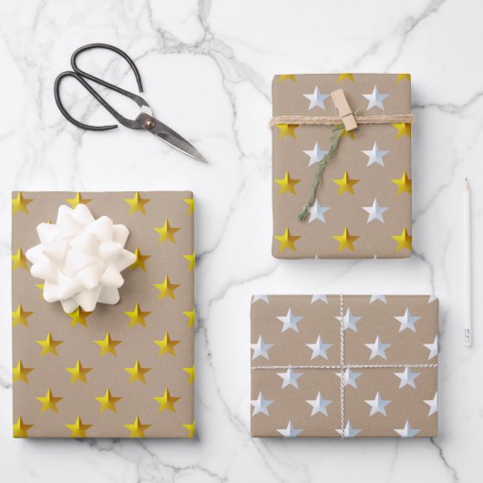 Rustic Kraft Gold Silver Stars Weihnachten Geschenkpapier Set (Vorderseite)