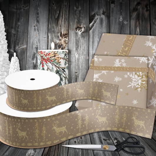 Rustic Kraft Gold Woodland Trees Stag Reindeer Ripsband