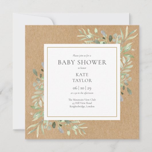 Rustic Kraft Greeneral Neutral QR Code Babydusche Einladung (Vorderseite)