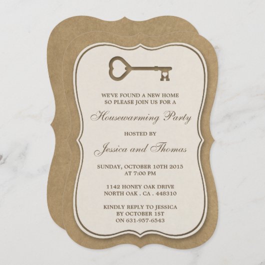 Rustic Kraft Heart Key Neue Zuhause Housewarming Einladung (Vorne/Hinten)