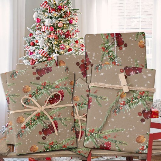 Rustic Kraft Holiday Highbush Cranberries Geschenkpapier Set