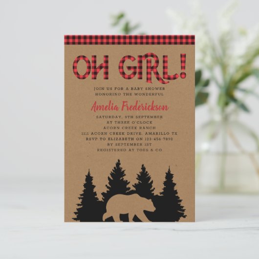 Rustic Kraft Kariert Oh Girl Baby Dusche Einladung (Stehend Vorderseite)
