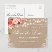 Rustic Kraft Lace Coral Floral Save the Date Ankündigungspostkarte (Vorne/Hinten)