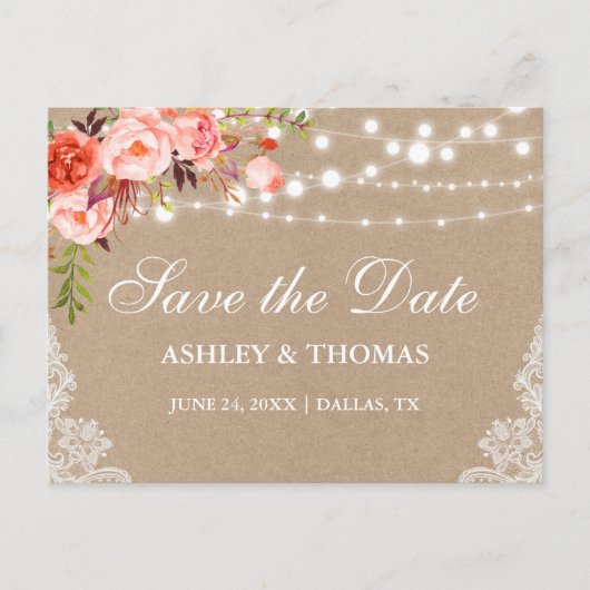 Rustic Kraft Lace Coral Floral Save the Date Ankündigungspostkarte (Vorderseite)