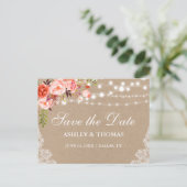 Rustic Kraft Lace Coral Floral Save the Date Ankündigungspostkarte (Stehend Vorderseite)