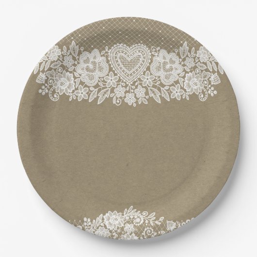 Rustic Kraft & Lace Farmhouse Barn Chic Pappteller (Vorderseite)