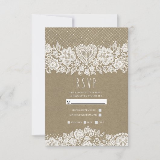 Rustic Kraft & Lace Farmhouse Barn Wedding RSVP Karte (Vorderseite)