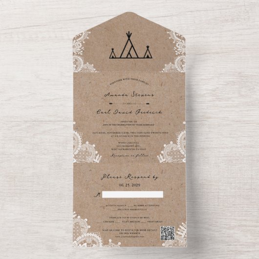 Rustic Kraft Lace Outdoor Tipi Zent Wedding All In One Einladung (Innen Boden)