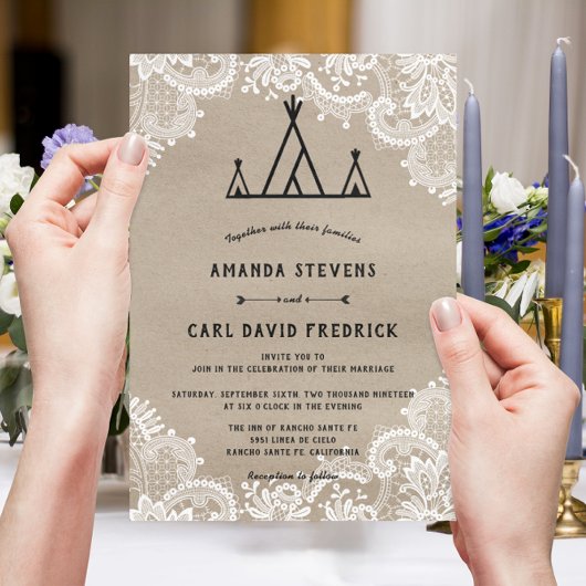 Rustic Kraft Lace Outdoor Tipi Zent Wedding Einladung