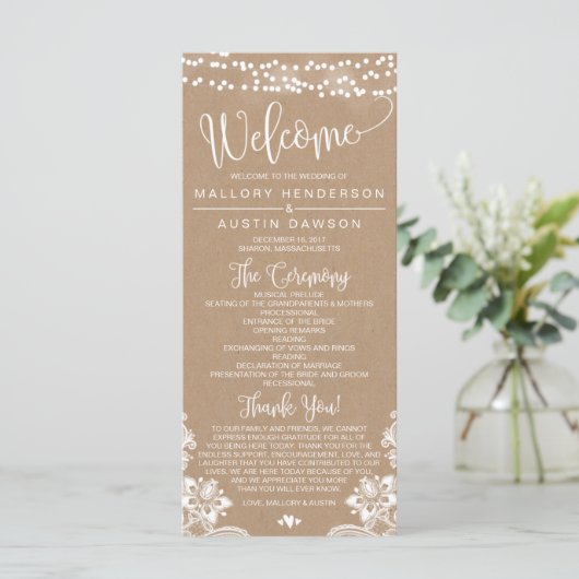Rustic Kraft Lace Wedding Zeremony Program Programm (Stehend Vorderseite)