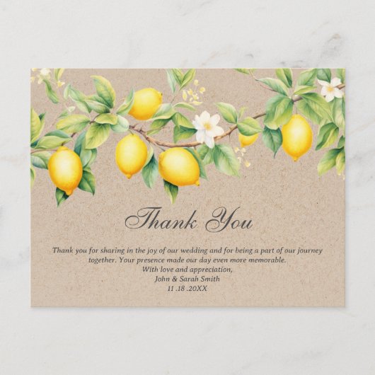 Rustic Kraft Lemon Theme Wedding Vielen Dank Postkarte (Vorderseite)