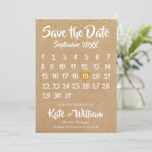 Rustic Kraft Liebe Herzkalender Save the Date (Stehend Vorderseite)