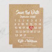 Rustic Kraft Liebe Herzkalender Save the Date Ankündigungspostkarte (Vorne/Hinten)