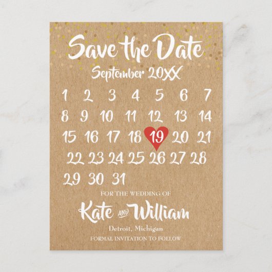 Rustic Kraft Liebe Herzkalender Save the Date Ankündigungspostkarte (Vorderseite)