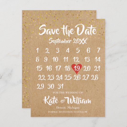 Rustic Kraft Liebe Herzkalender Save the Date Ankündigungspostkarte (Vorne/Hinten)