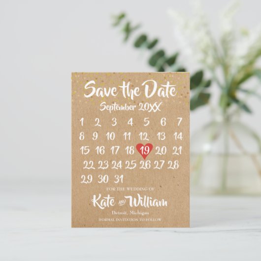 Rustic Kraft Liebe Herzkalender Save the Date Ankündigungspostkarte (Stehend Vorderseite)