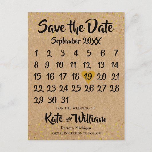 Rustic Kraft Liebe Herzkalender Save the Date Ankündigungspostkarte (Vorderseite)