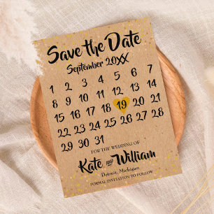 Rustic Kraft Love Heart Calendar Save the Date Ankündigungspostkarte