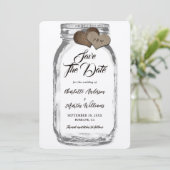 Rustic Kraft Mason Jar Burlap Hearts Wedding Save The Date (Stehend Vorderseite)