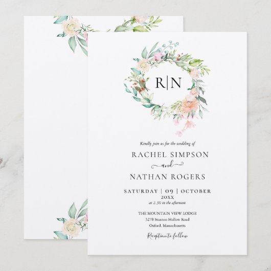 Rustic Kraft Monogram Rose Blumenzehen Einladung (Vorne/Hinten)