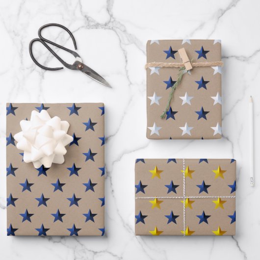 Rustic Kraft Navy Gold Silver Stars Weihnachten Geschenkpapier Set (Vorderseite)