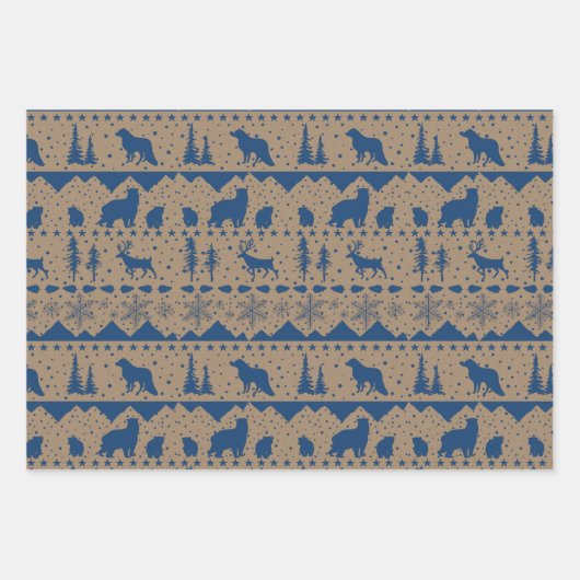 Rustic Kraft Nordic Sweater Blue Winter Animals Geschenkpapier Set (Vorderseite 3)