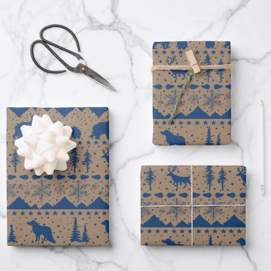 Rustic Kraft Nordic Sweater Blue Winter Animals Geschenkpapier Set (Vorderseite)