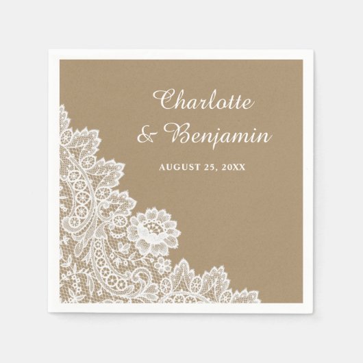 Rustic Kraft Paper and Lace Wedding Napkins Serviette (Vorderseite)