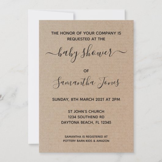 Rustic Kraft Paper Baby Shower Einladung Script (Vorderseite)