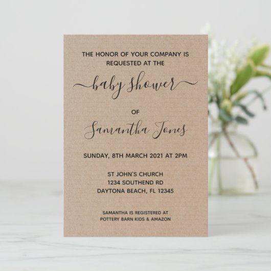 Rustic Kraft Paper Baby Shower Einladung Script (Stehend Vorderseite)