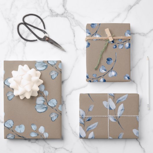 Rustic Kraft Paper Blue Eucalyptus Sprigs Geschenkpapier Set (Vorderseite)