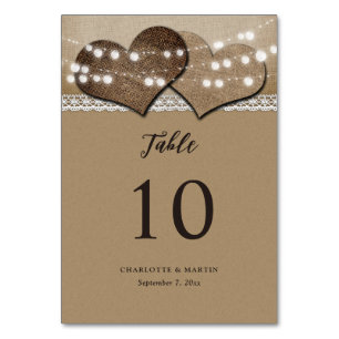 Rustic Kraft Paper Burlap Hearts Country Wedding Tischnummer