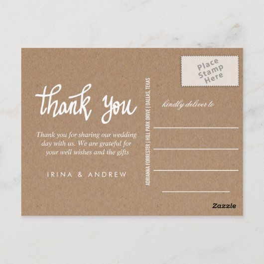 Rustic Kraft Paper Danke Script Couple Foto Postkarte (Rückseite)