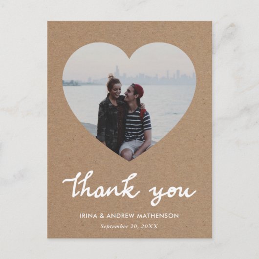 Rustic Kraft Paper Danke Script Heart Foto Postkarte (Vorderseite)