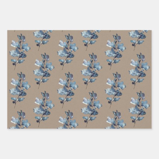 Rustic Kraft Paper Dusty Blue Blume Petals Geschenkpapier Set (Vorderseite 3)