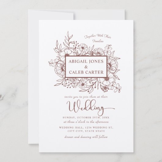 Rustic Kraft Paper Floral Sketch Wedding Einladung (Vorderseite)