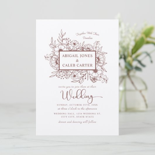 Rustic Kraft Paper Floral Sketch Wedding Einladung (Stehend Vorderseite)