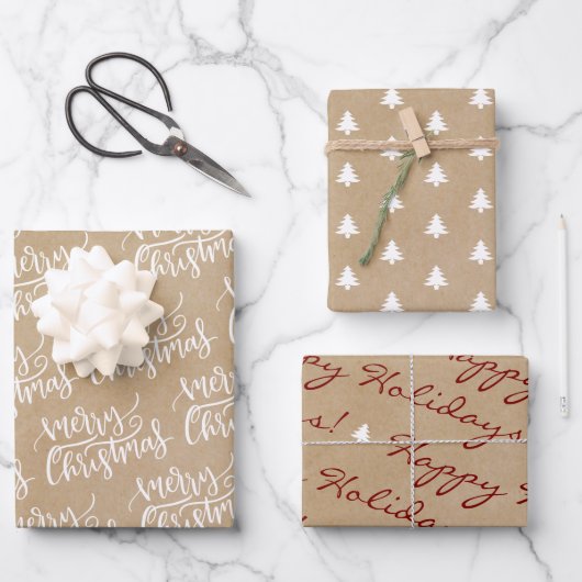 Rustic Kraft Paper Frohe Weihnachtsfeiertage Geschenkpapier Set (Vorderseite)