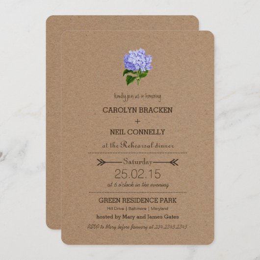 Rustic Kraft Paper Hydrangege Probe Dinner Einladung (Vorne/Hinten)