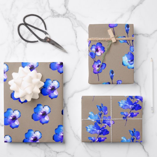 Rustic Kraft Paper Lila Aqua Blue Blume Petals Geschenkpapier Set (Vorderseite)