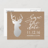 Rustic Kraft Paper Silver Antler Save the Date Ankündigungspostkarte (Vorne/Hinten)