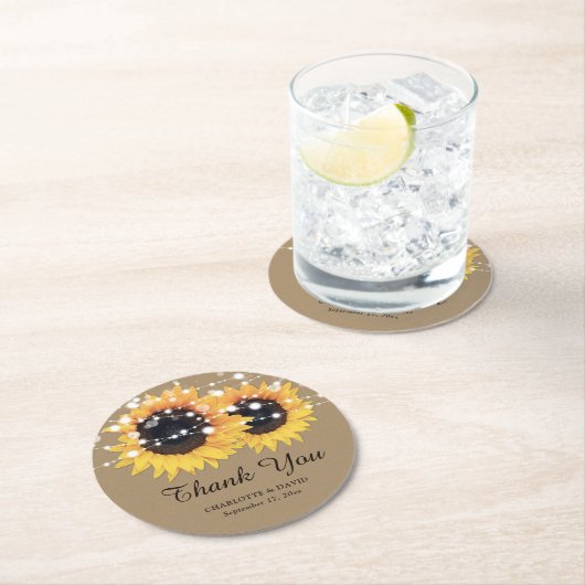 Rustic Kraft Paper Sunflower Wedding Vielen Dank Runder Pappuntersetzer (Vor Ort)