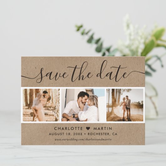 Rustic Kraft Paper Wedding 4 Foto Save The Date (Stehend Vorderseite)