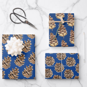 Rustic Kraft Pine Cones Christmas Blue Geschenkpapier Set