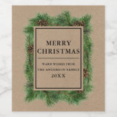 Rustic Kraft Pine Frame Frohe Weihnachten Weinetikett (Einzelnes Label)