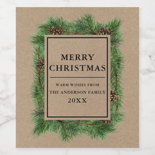 Rustic Kraft Pine Frame Frohe Weihnachten Weinetikett (Einzelnes Label)