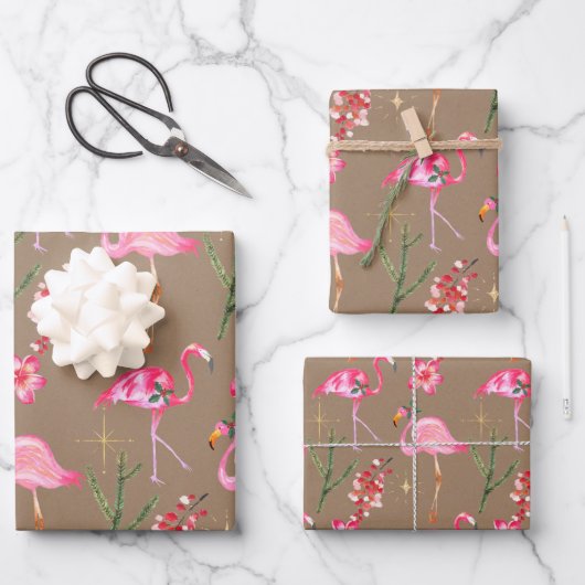 Rustic Kraft Pink Flamingo Weihnachtsfeiertag Geschenkpapier Set (Vorderseite)