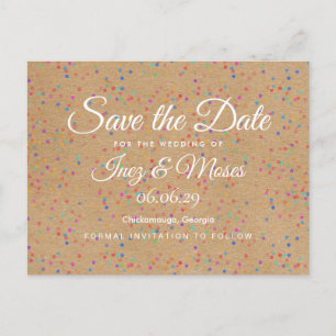 Rustic Kraft Rainbow Confetti Save the Date Ankündigungspostkarte